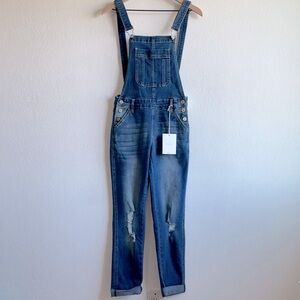 NWT Kancan Distressed Denim Meduim Wash Jean Cuffed Cropped Overalls